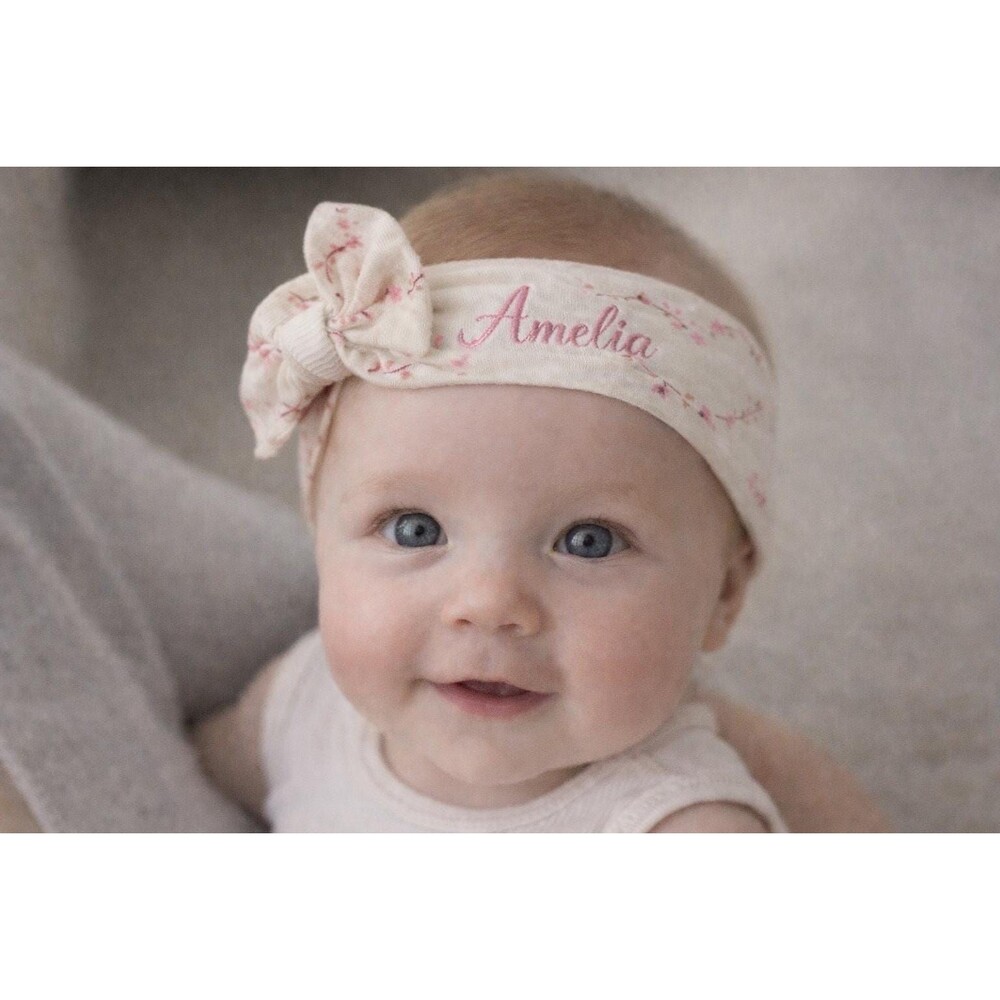 Personalized Baby Girl Headband with Name - Custom Embroidered Newborn Hairband